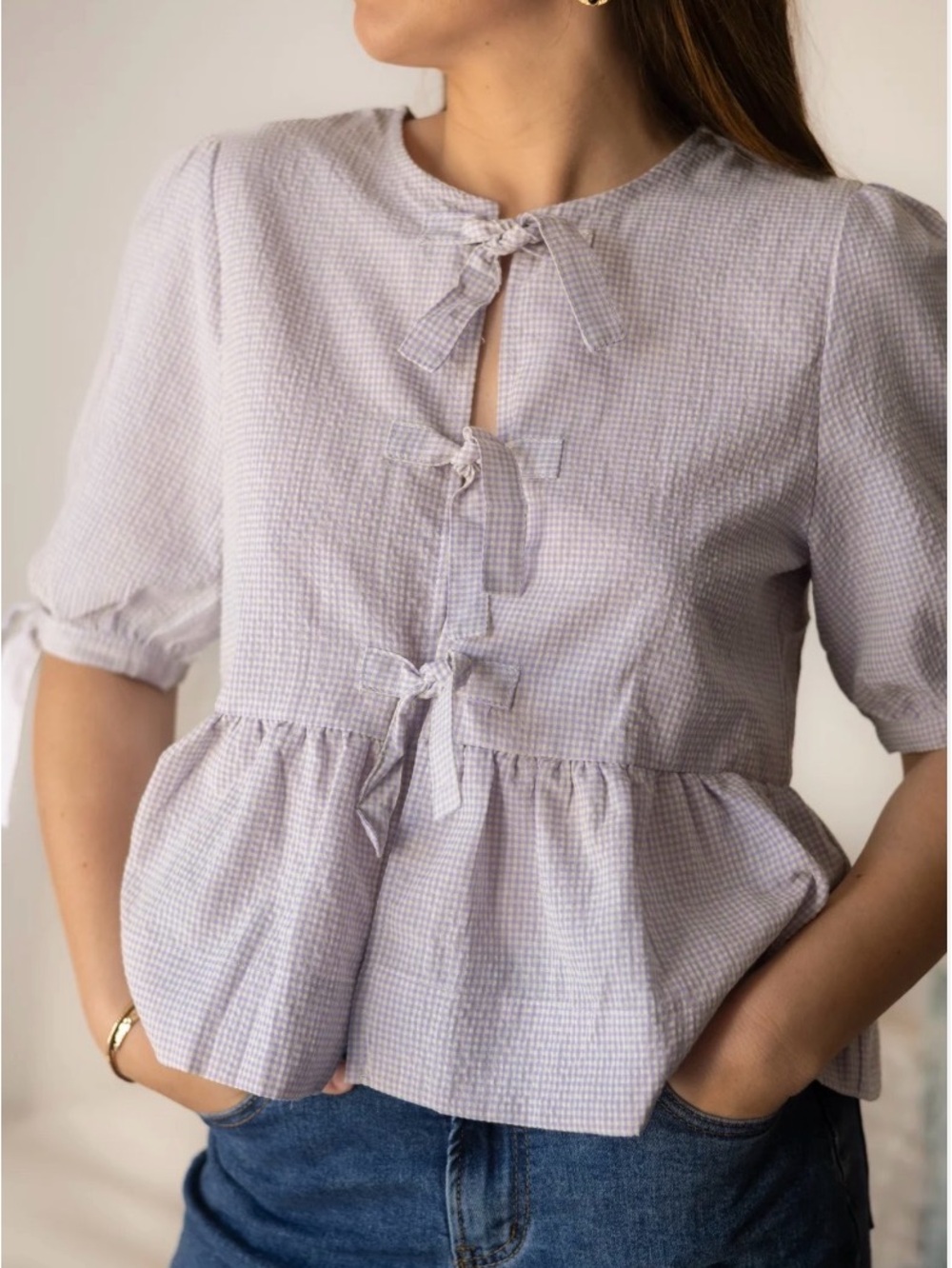 Easy Clothes Light Lavender Tie-Front Peplum Top